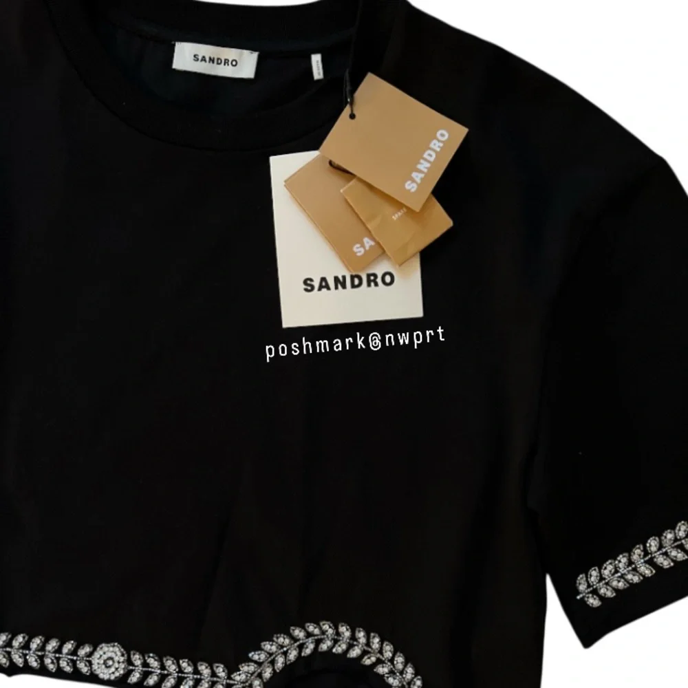 NWT ✨ SANDRO Rhinestone Tee T-Shirt Cropped Black 0 XS - Picture 6 of 14